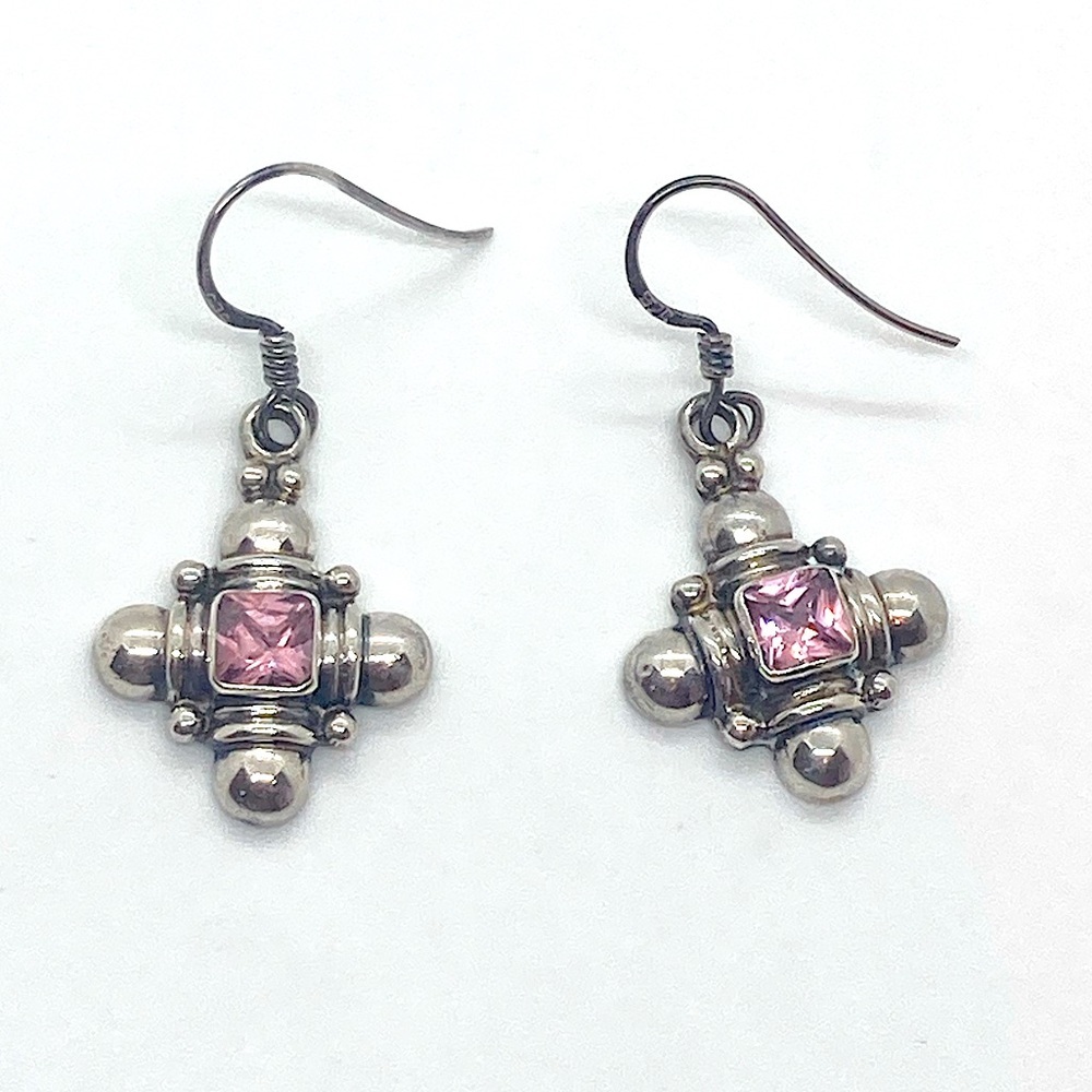 Vtg Sterling & Pink Topaz Chunky Puffy Ball Design Dangle Earrings | 1.4” L